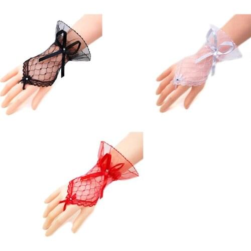 Women Bridal Wedding Short Fingerless Gloves Rhinestone Bowknot Sheer Mesh Lace Gauze Bridesmaids Sunscreen Mittens