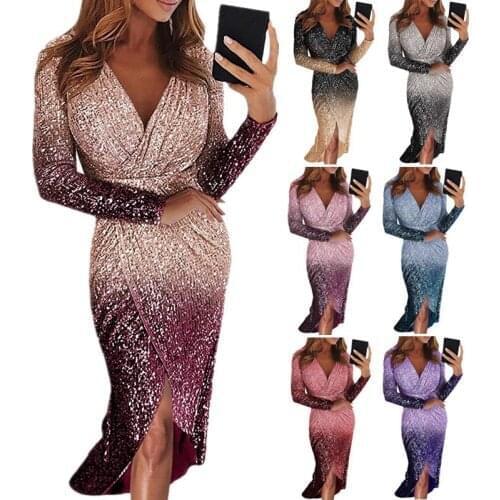 Gradient Color Shiny Dress With Sequins Long Sleeve Midi Dress Wrap Sukienka Elegant Deep V Neck Ombre Dress Irregular Hem Women