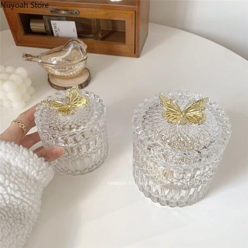 Transparent Glass Golden Butterfly Jar Jewelry Cotton Swab Storage Box Embossed European Style Storage Storage Home Decoration