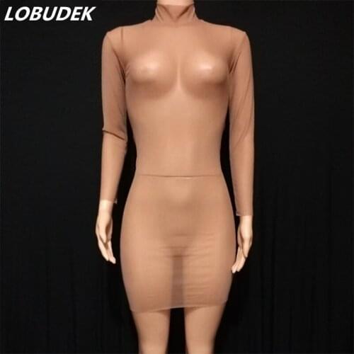 Sexy Nightclub Bar Transparent Costume Nude Color Mesh Long Sleeve Wrap Hip Mini Dress Club Party Show DJ Singer Stage Wear