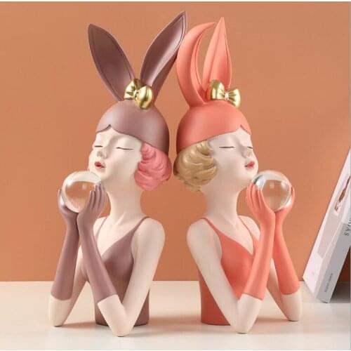 Nordic Hand Hold Crystal Ball Bunny Girl Resin Statues Ornaments Home room Desktop Furnishing Crafts Dressing Table Decoration