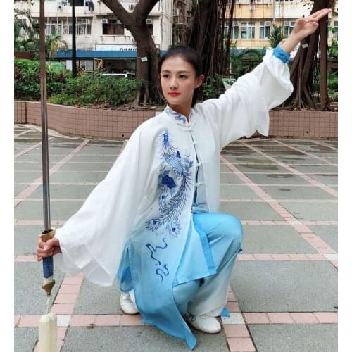 Women embroidery phoenix customizedgradient taiji suits veil wushu martial arts clothing Tai chi uniforms 3pcs/set blue/orange