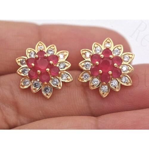 Luxury Stud Earrings for Women Gold Color Flower Earring with Red Green Zircon Trendy Jewelry for Party Wedding Anniversary Gift