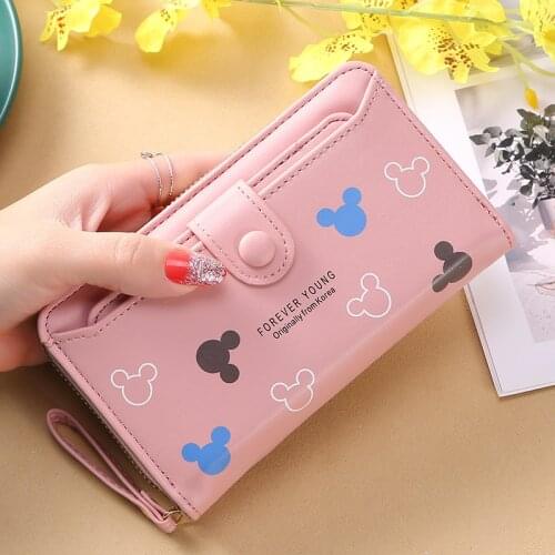 Lovely Mickey Cartoon PU Leather Lady Long Hand Holding Large-Capacity Card Holder Women`s Wallet Girl Fashion Mobile Phone Bag