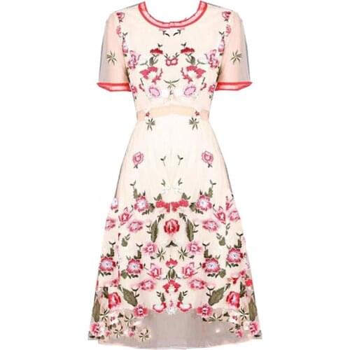 Runway Summer Embroidery Midi Dresses Women Clothes Elegant Vintage Lace Up Bandage Party Evening Dress Streewear Robe Vestidos