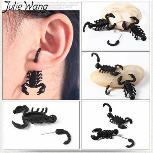 Julie Wang Punk Black Scorpion Stud Earring Stainless Steel Nail Piercing Women Halloween Earrings Fashion Jewelry Brincos