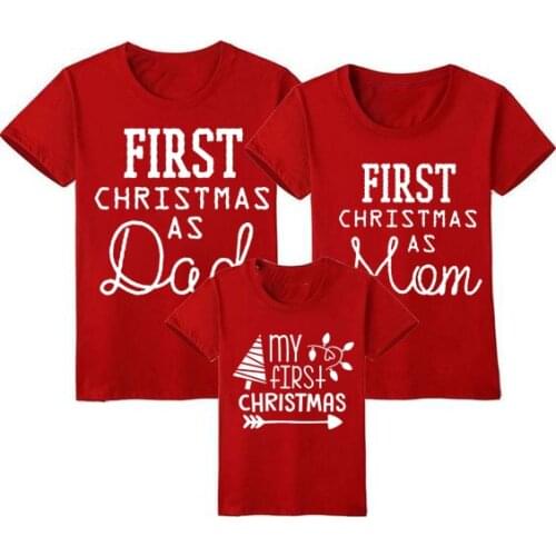 1pcs First Christmas As Mom Dad T-shirt Funny Family Matching Christmas Tshirt Mommy Daddy Baby Short Sleeve Red T Shirt Clothes