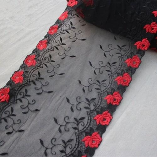 11"28cm(2yards/lot) Bilateral Embroidered Floral Tulle Lace Trim in Black+Red ,Mesh Embroidery Lace Trim