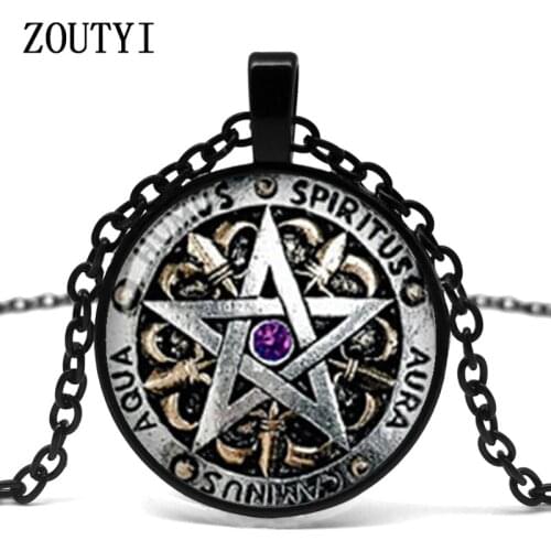 2018/Steam Punk Fashion Wiccan Necklace Black Magic Pagan Pentagram Pendant Round Glass Dome Gift Womens Mens Chain