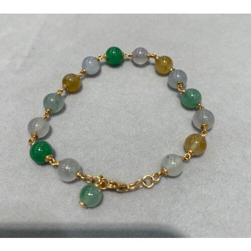 6.5-7.5MM natural jadeite bracelet round beads 18K rose gold 18-19CM luxury fine women jewelry free shipping