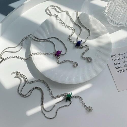Origin Summer Enamel Blue Green Purple Knotted Buttons Pendant Necklace for Women Asymmetry Rhinestone Chain Necklace Jewelry