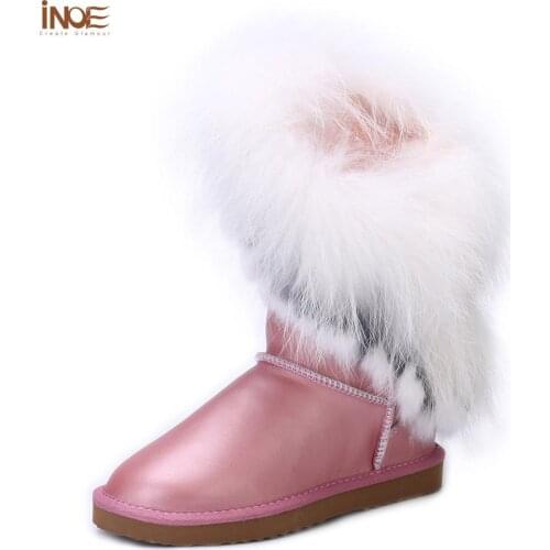 INOE cow leather & sheep fur lined white fox fur tassels fashion women winter snow boots for women winter shoes waterproof white