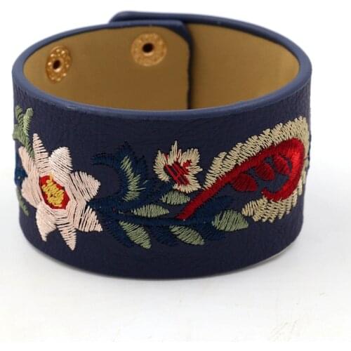 Kirykle 2019 New fashion PU leather embroidered personality wide bracelets & bangles women bracelet multi-color