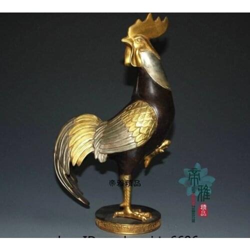 China Folk Bronze Copper 24K Gold Gild Silver Zodiac Rooster Chicken Cock Statue