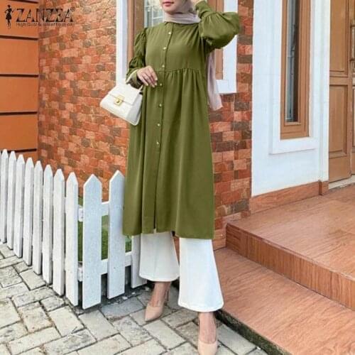 2021 ZANZEA Autumn Blouses Womens Muslim Long Tops Vintage Puff Sleeve Islamic Baggy Shirts Female Casual Lapel Button Vestidos