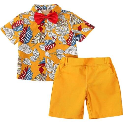 2021 Baby Boys Clothes Set, Leaf Print Short Sleeve Lapel Neck Shirt + Solid Color Suspender Shorts
