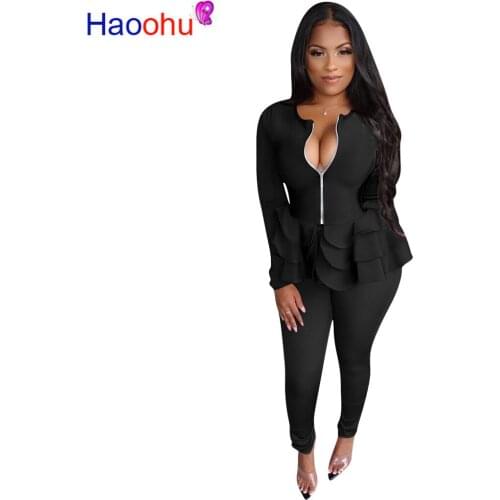 HAOOHU 2 Piece Outfits for Women Festival Clothing Long Sleeve Ruffle Hem Zip Jacket Top and Pants Matching Suit Two Piece Set