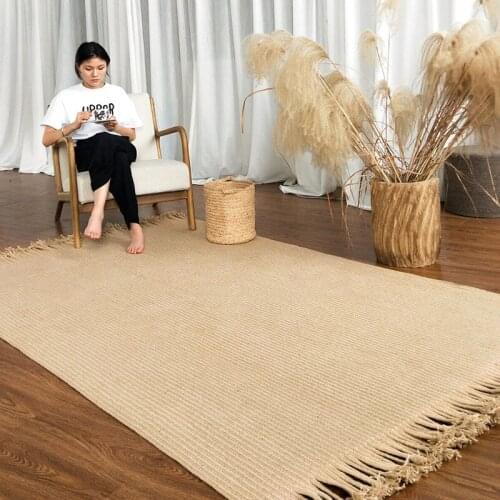 Rug Hand-woven Jute Living Room Coffee Table Carpet Tatami Mats with Spikes Jute Linen Bedroom Floor Mats Decoration