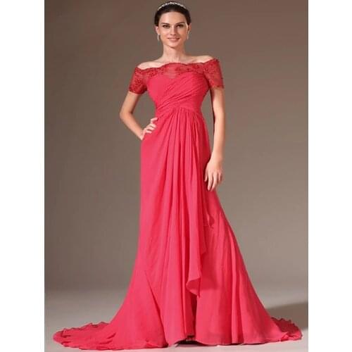 Red Evening Dresses A-line Off The Shoulder Chiffon Appliques Beaded Long Dubai Saudi Arabic Evening Gown Prom Dresses