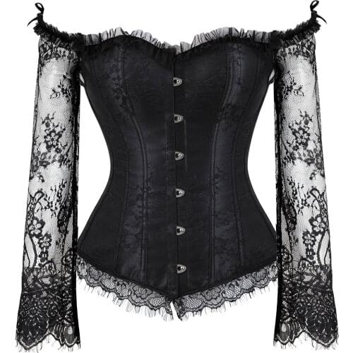 Fashion Long sleeve overbust corset sexy lace plus size erotic floral women bustier corset lingerie tops brocade Free Shipping