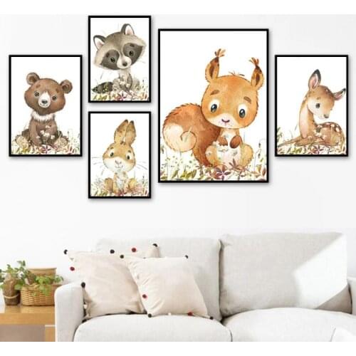 Cartoon Kids Poster Cute Forest Animal Fox Deer Bear Rabbit Raccoon Squirrel Canvas Painting Nordic Poster and Print Home Decor
