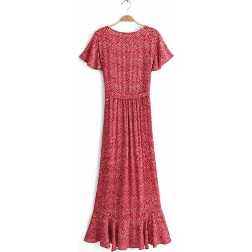 2021 New Floral Printing Maxi Dress Summer Short Sleeve Vacation Long Dress Bohemian Sundress Lace Up Waist