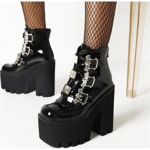 PXELENA Metal Decor Buckle Women Combat Platform Ankle Boots Plus Size 36-44 Chunky Super High Heels Gothic Punk Street Shoes JK