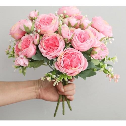 Pink Silk Peony Artificial Flowers Rose Wedding Home DIY Decor High Quality Big Bouquet Foam Accessories Craft White Fake Flower