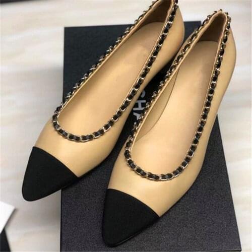 S Spring and autumn womens single shoes pointed toe metal chain decoration high-heeled flat-heeled shoes color matching shoes