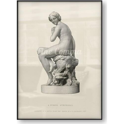 A Nymph Surprised Drawing Statue Vintage Poster Sculpture Illustration Black and White Canvas Print Painting Body Wall Decor