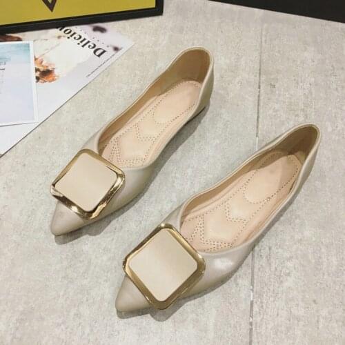Spring Women Shoes Fashion Pointy Toe Flat Shoe Apricot Lightweight Ladies Lazy Loafers Square Buckle Casual Female Footwear
