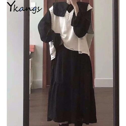Vintage Girls 2 Pcs set White Sweater Vest Suits+Black Long Dress Korean Women suit Vestido loose long shirt dresses Streetwear