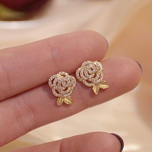 Xinbada Fashion Jewelry S925 Silver Needle Micro-inlaid Zircon Exquisite Flower Rose Leaf Retro Small Stud Earrings for Woman
