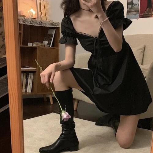 Lady Empire Lace-up Mini Sexy Dresses Dark Lolita Cool Streetwear Women Black Strapless Puff Short Sleeve Dress 2021 Summer