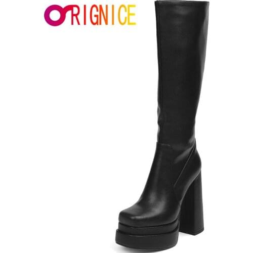 Orignice Black White Good Quality Women Knee High Boots Platform Thick High Heel Lady Fashion Square Toe Zip Sexy Party Shoes