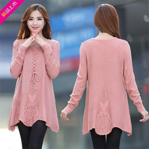 Hook Flower 2019 Autumn New Womens Sweater Korean Pullover Large Size Long Section Lace Up Ladies Sweater Knitted Blusa f2079
