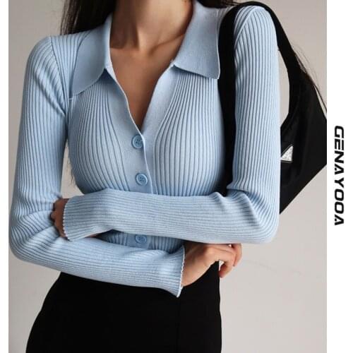 Genayooa Slim Knit Cardigan Women 2021 Autumn Spring Long Sleeve Ladies Cardigans Korean Turn-down Collar Sweater Women Jumper
