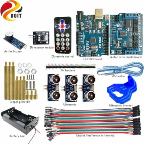 1 set IR Control kit for Smart Robot Car Chassis with 3-way Ultrasonic Obstacle Avoidance+ UNO R3 Board for Arduino+Buzzer