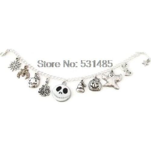 12pcs Nightmare Before Christmas Charm Bracelet Jack Skellington Jack-O-Lantern charm adjustable silver tone