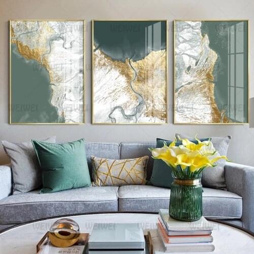 Abstract Painting Gold and Green Ocean Border Decorative Wall Art Canvas Painting for Decorating Bedroom Living Room Waterproof