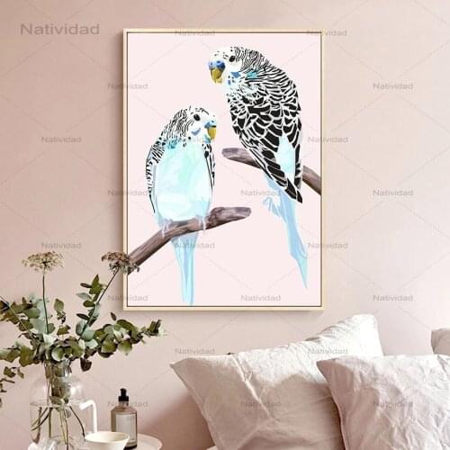 Frameless Abstract Modern Budgies On Branch Art Print Bird Poster Canvas Painting Wall Art Pictures Decoration for Porch Room