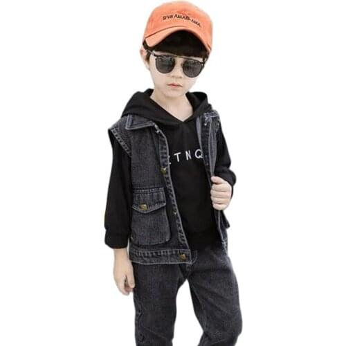 Spring & Autumn Denim 3-Piece Boy Sets New 2021 Korean Version Fashion Hooded Cowboy Vest Handsome Jeans Childrens Clothing