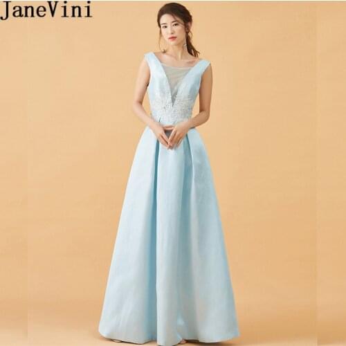 JaneVini Elegant Light Sky Blue Long Bridesmaids Dresses 2018 Deep V-Neck Lace Beaded Formal Dress Women Wedding Party Gala Gown