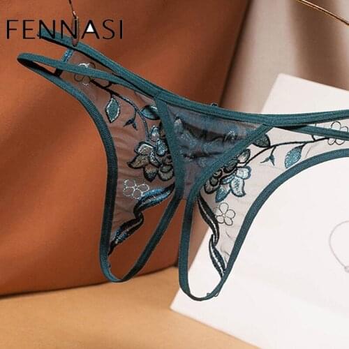 FENNASI Womens Embroidered Crotch Opening Design French Sexy Ladies Lace Hollow Mesh Transparent Low Waist Hot T Panties