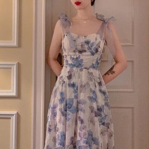 French Vintage Midi Dresses Ladies Sleeveless Elegant Casual Strap Dress Bow Design Boho Beach Sundresses for Women Summer 2021