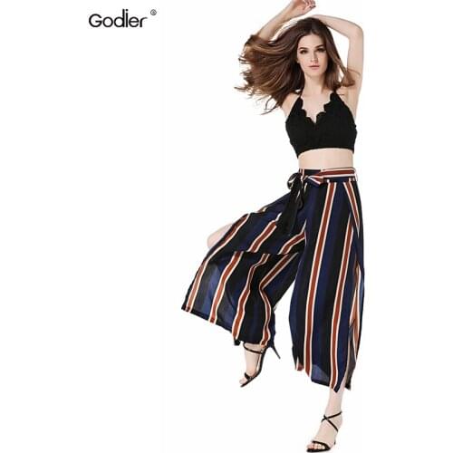 Godier Summer Women Wide Leg Pants Sexy Slit Lace Up Striped Split Loose Trousers Casual Beachwear On Holiday Capris