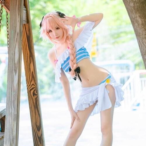 Fate Astolfo Cosplay Costume Game Apocrypha Swimsuit FGO Cosplay Women Swimsuit Set Halter Neck Swimwear Suit