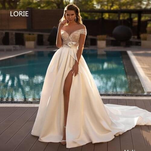 LORIE Satin Princess Wedding Dresses Off The Shoulder Side Split Bride Dresses Backless Country Wedding Gowns