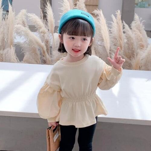 Fashion Baby Girl Cotton T-Shirt Puff Sleeve Waist Infant Toddler Girl Pincess Shirt Long Sleeve Autumn Spring Top Blouse 1-8Y