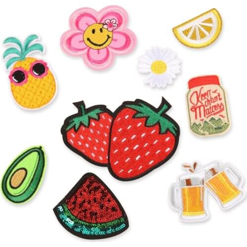 Strawberry Pineapple Watermelon Iron On Cartoon Cloth Patches Embroidered Badges Abstract Kids Patch For Clothes Stickers Beer
